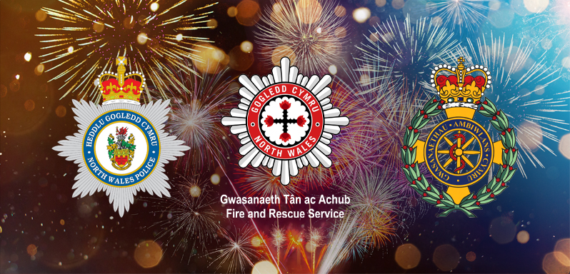 Bonfire Safety North Wales Police, North Wales Fire Service and Welsh Ambulance Services University NHS Trust logos over fireworks